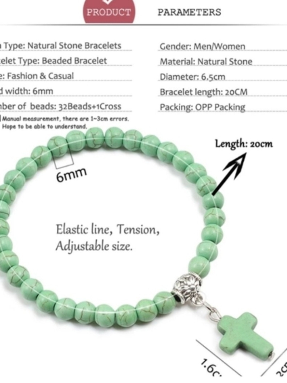 Turquoise Bead Stretch Bracelet with Cross Charm - 7.8 Inches - Picture 2 of 2